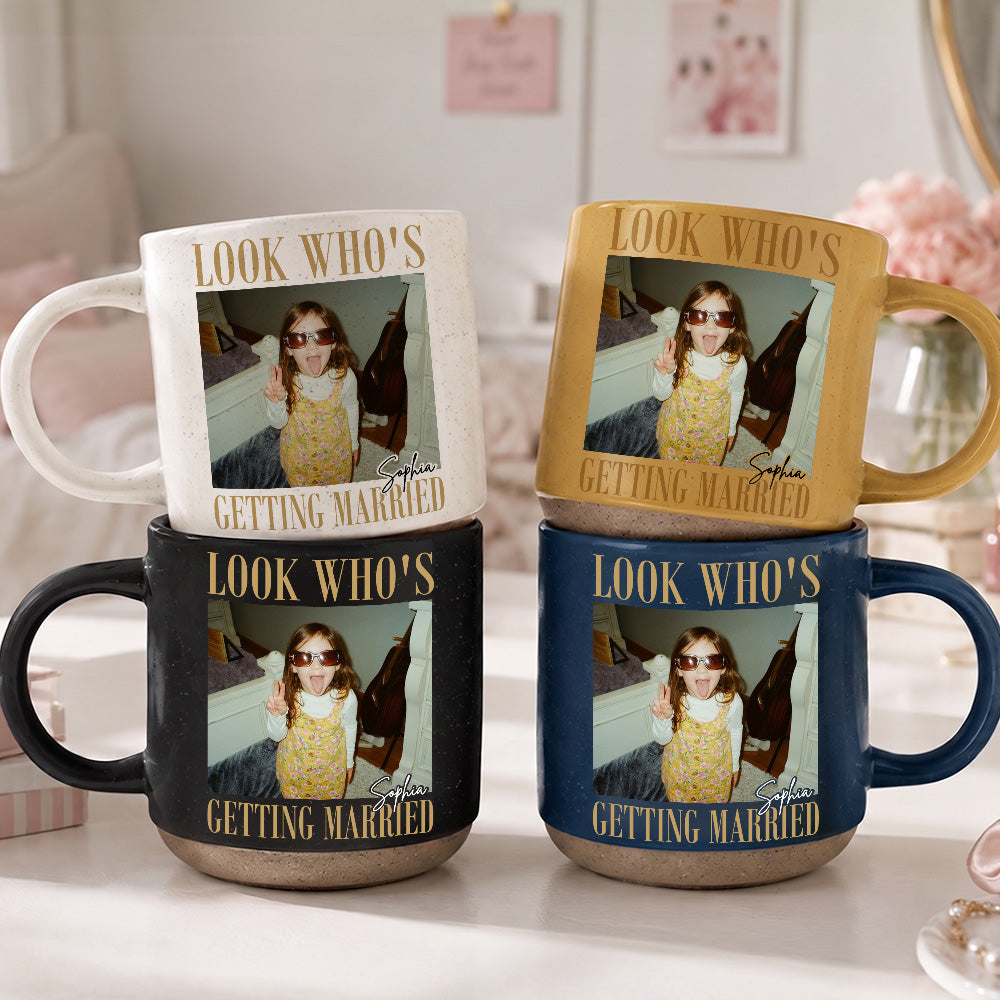 Look Who’s Getting Married Personalized Pottery Mug, Custom Photo & Names Wedding Gift