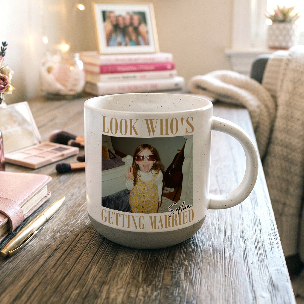 Look Who’s Getting Married Personalized Pottery Mug, Custom Photo & Names Wedding Gift