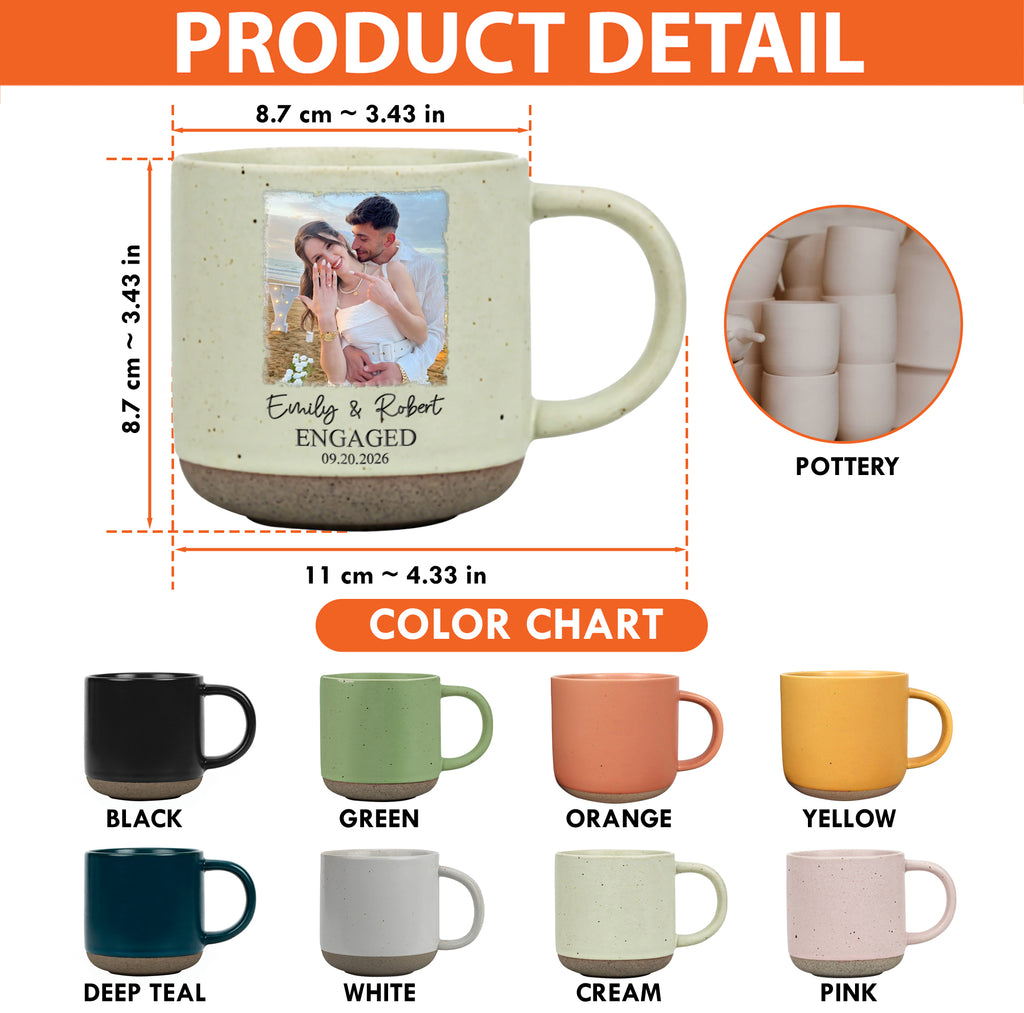Personalized Engagement Pottery Mug, Custom Couple Photo Names and Date, Newly Engaged Wedding Gift