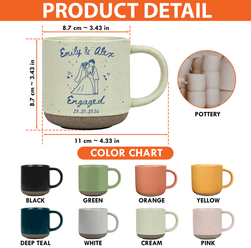 Personalized Engagement Pottery Mug, Custom Couple Names and Date, Newly Engaged Wedding Gift for Couple