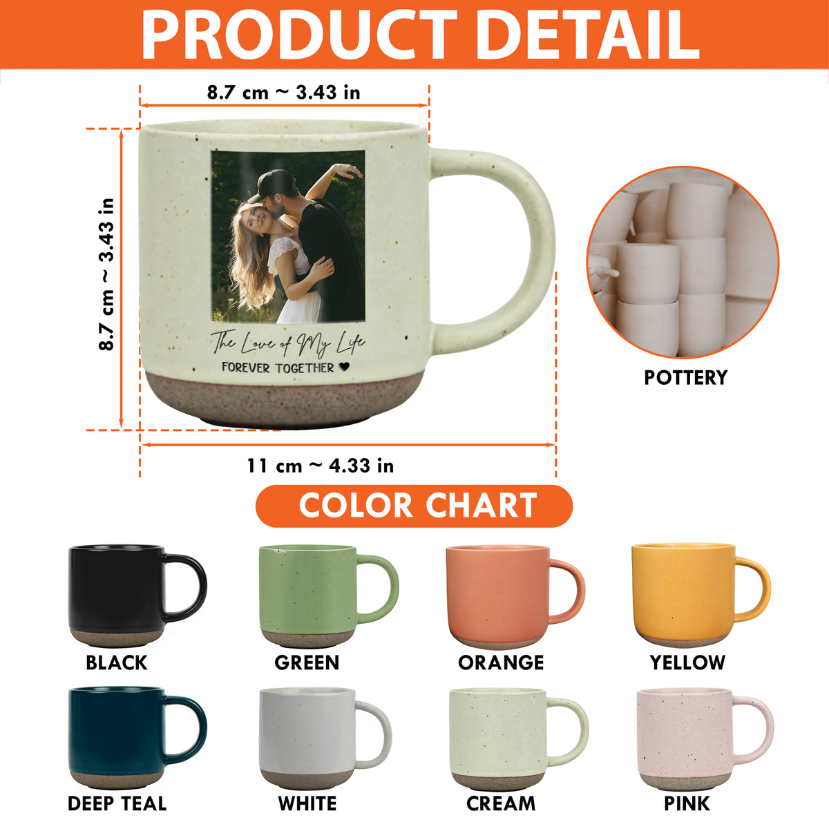 Personalized Couple Photo Pottery Mug, Custom Romantic Coffee Cup, Anniversary Wedding Gift for Her