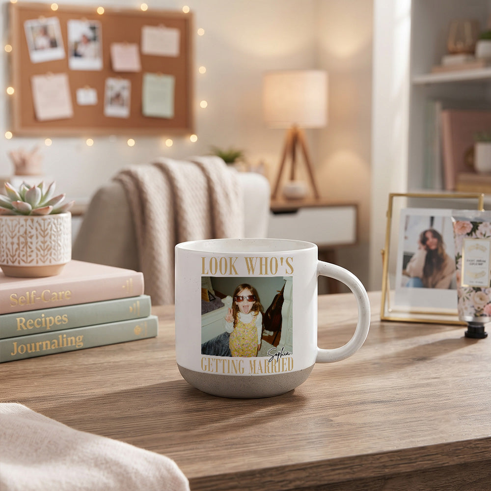 Look Who’s Getting Married Personalized Pottery Mug, Custom Photo & Names Wedding Gift