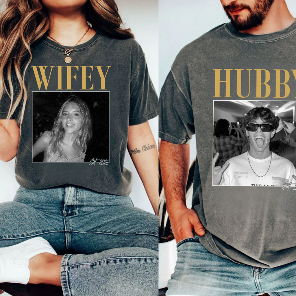 Wifey Hubby Custom Photo Shirts, Personalized Couple Names and Year, Funny Wedding Gift for Newlyweds