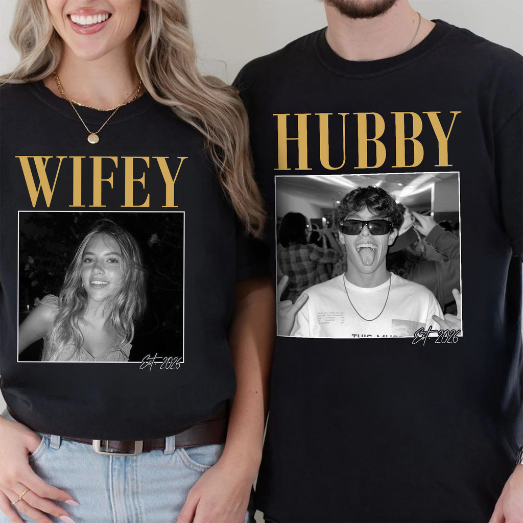 Wifey Hubby Custom Photo Shirts, Personalized Couple Names and Year, Funny Wedding Gift for Newlyweds