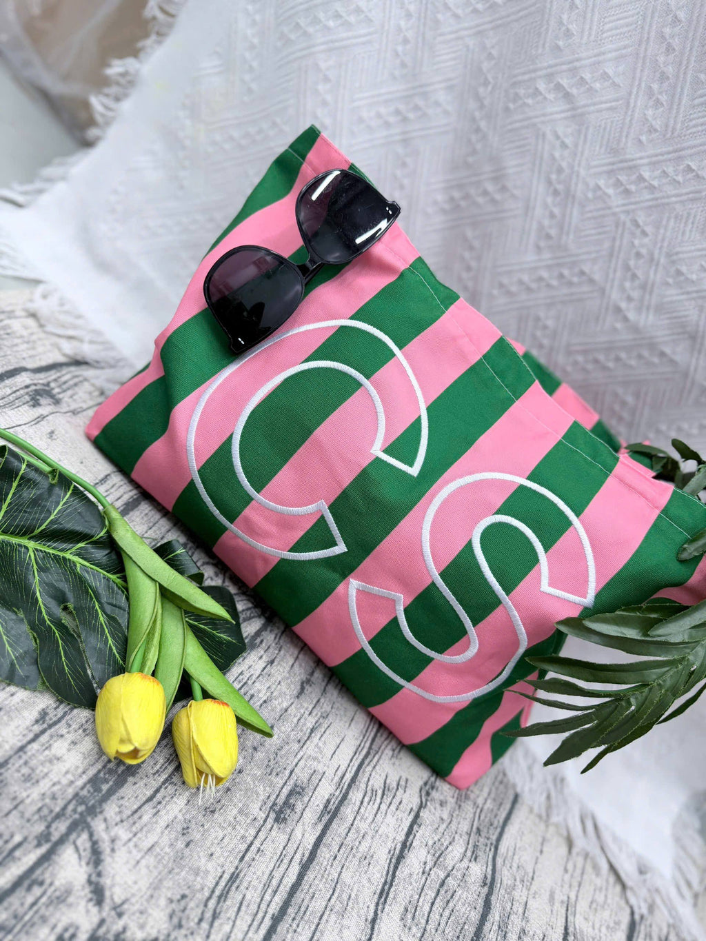 Embroidered Custom Initials Striped Canvas Tote Bag