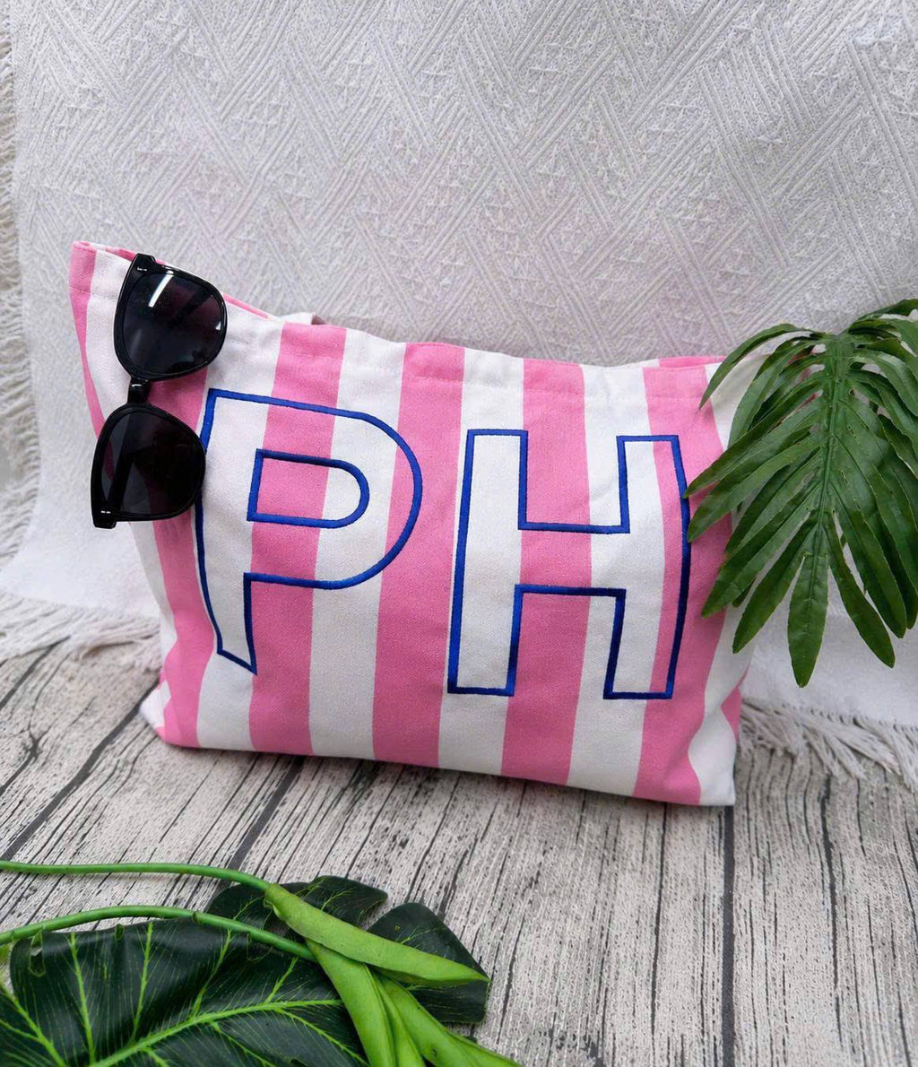 Embroidered Custom Initials Striped Canvas Tote Bag