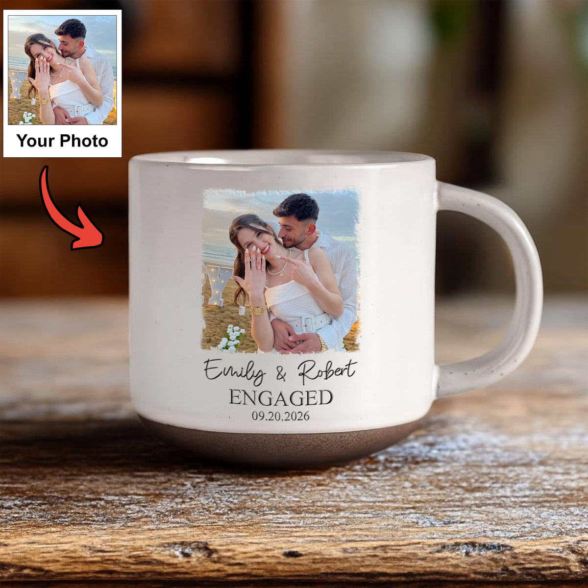 Personalized Engagement Pottery Mug, Custom Couple Photo Names and Date, Newly Engaged Wedding Gift