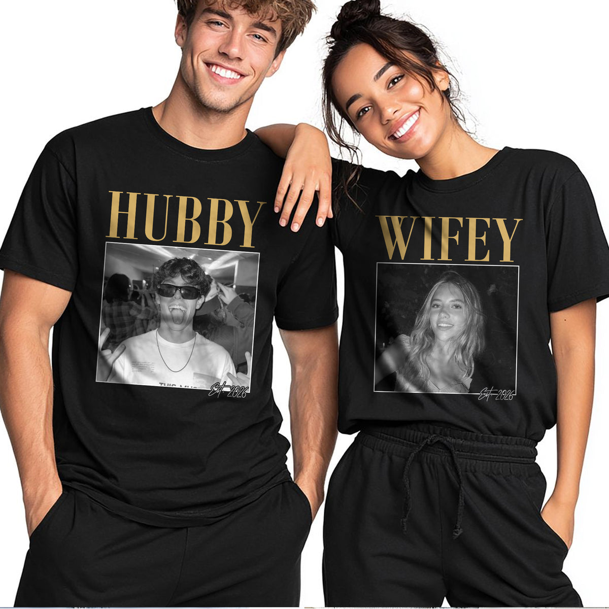Wifey Hubby Custom Photo Shirts, Personalized Couple Names and Year, Funny Wedding Gift for Newlyweds