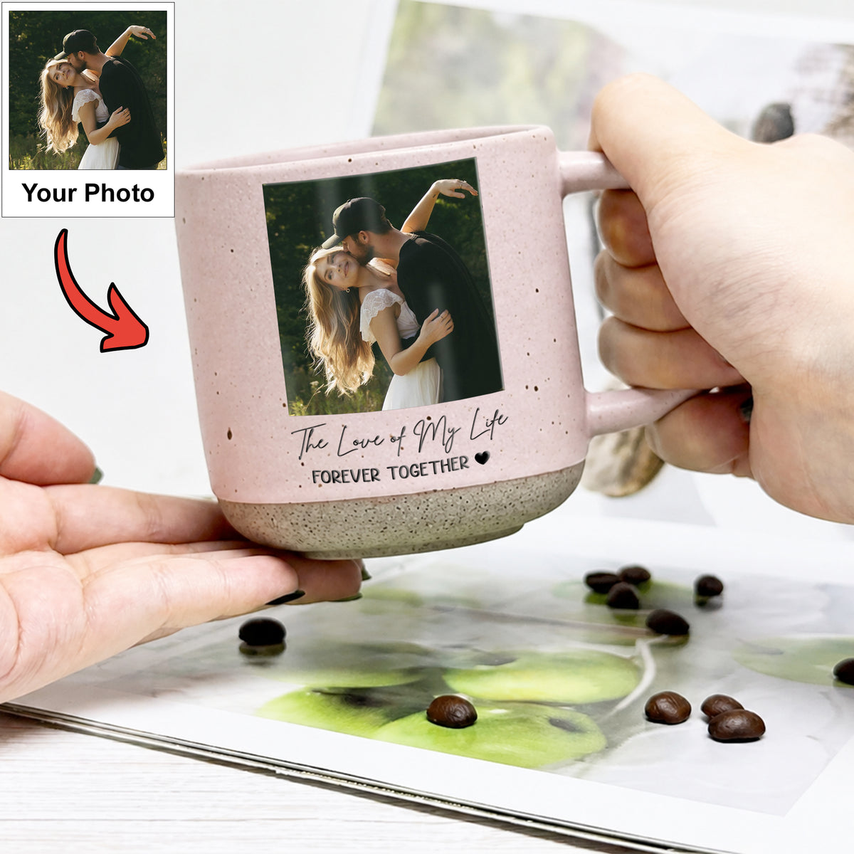 Personalized Couple Photo Pottery Mug, Custom Romantic Coffee Cup, Anniversary Wedding Gift for Her