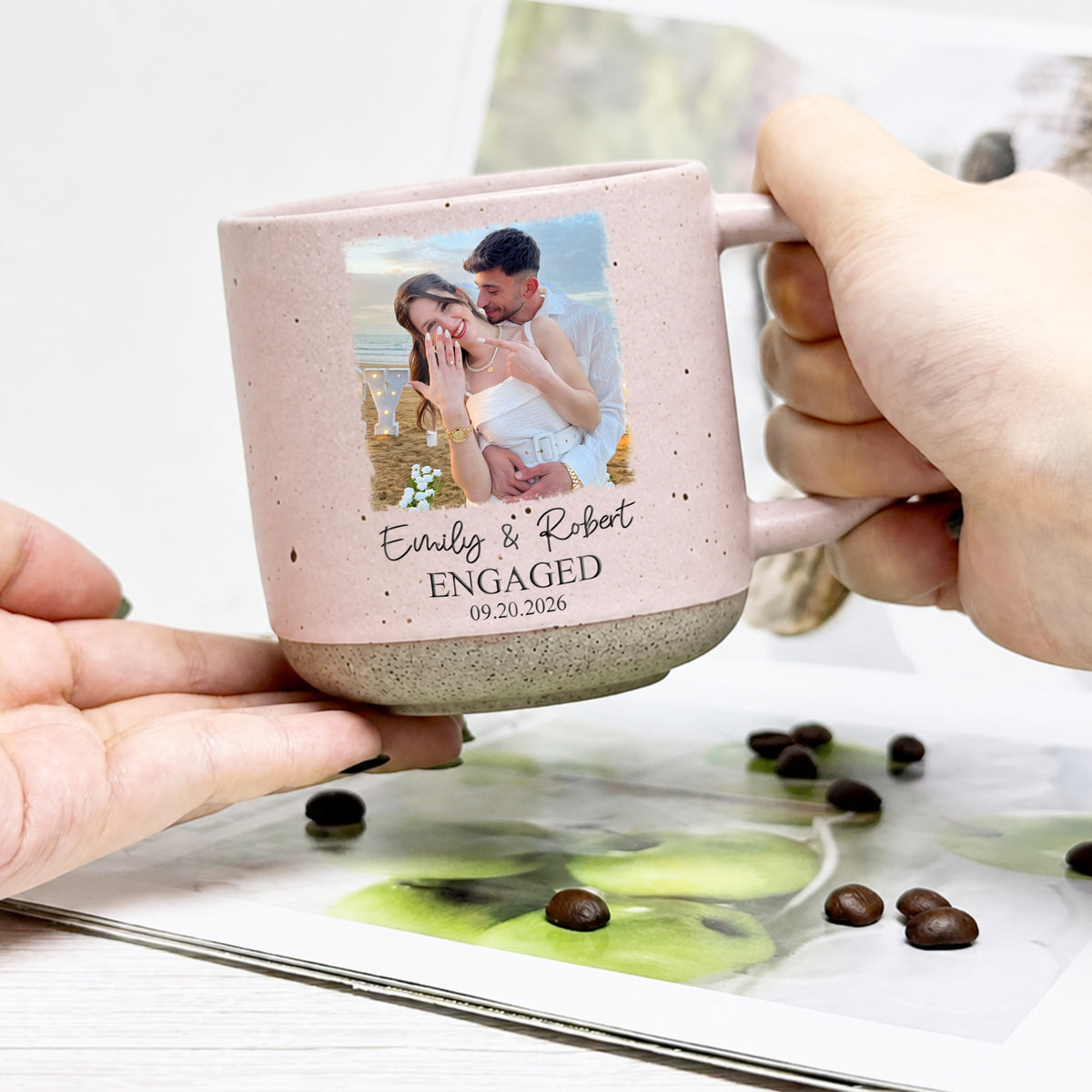 Personalized Engagement Pottery Mug, Custom Couple Photo Names and Date, Newly Engaged Wedding Gift