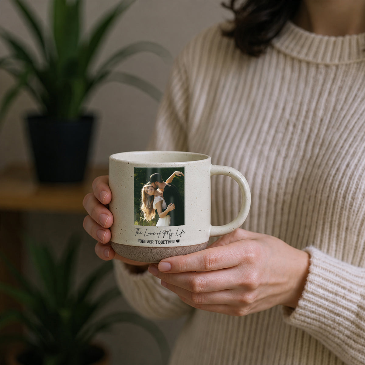 Personalized Couple Photo Pottery Mug, Custom Romantic Coffee Cup, Anniversary Wedding Gift for Her