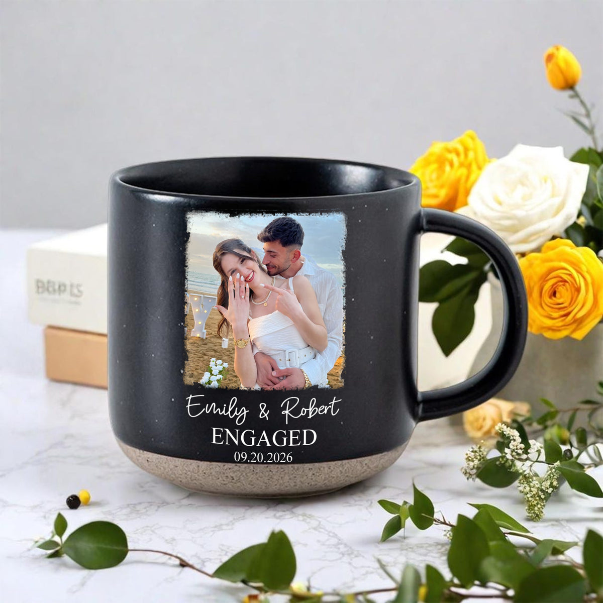 Personalized Engagement Pottery Mug, Custom Couple Photo Names and Date, Newly Engaged Wedding Gift