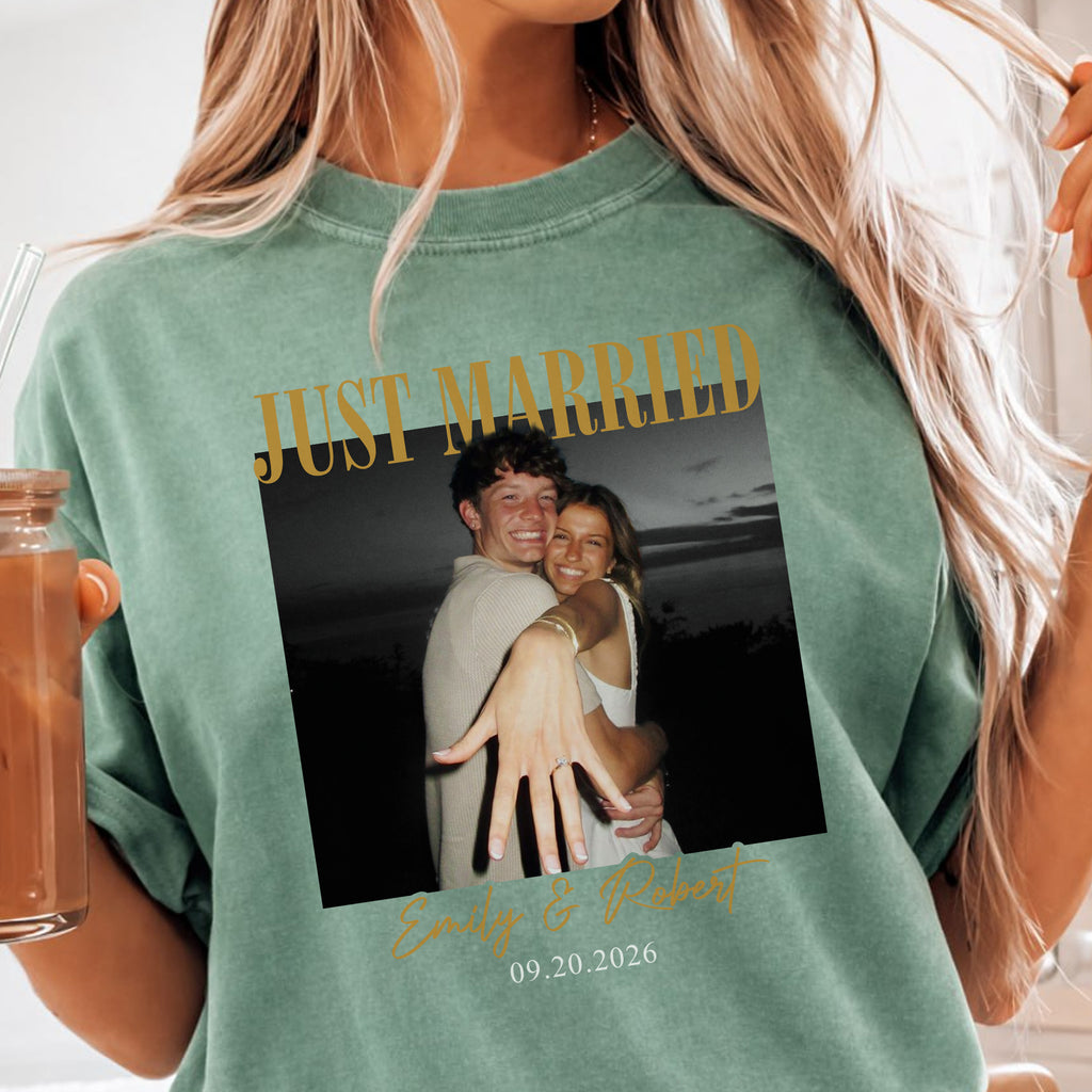 Just Married Photo Shirt, Personalized Couple Names and Wedding Date Tee, Newlywed Gift for Bride