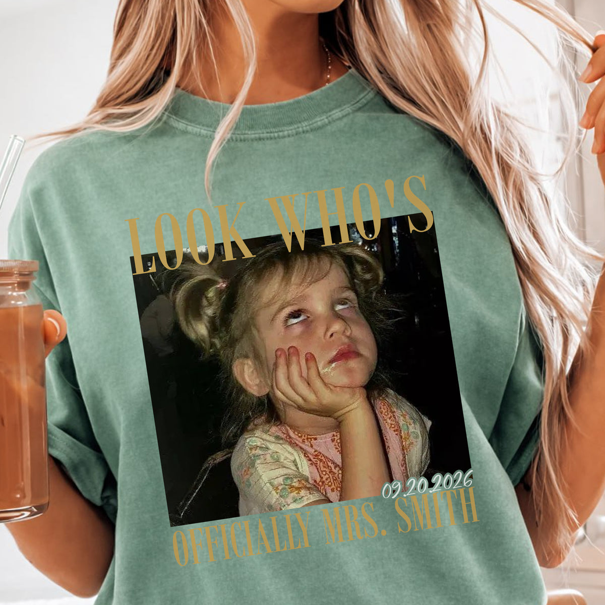 Look Who's Officially Mrs Shirt, Personalized Bride Photo and Wedding Date Tee, Custom Bridal Gift