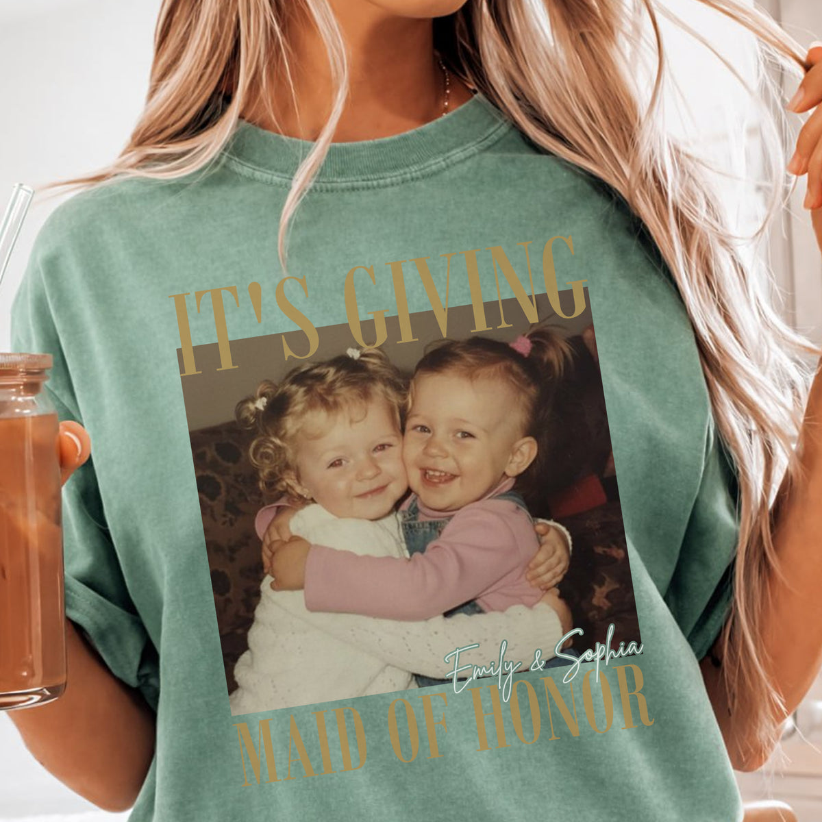 It's Giving Maid of Honor Shirt, Custom Childhood Photo and Names, Bridesmaid Gift for Wedding Party