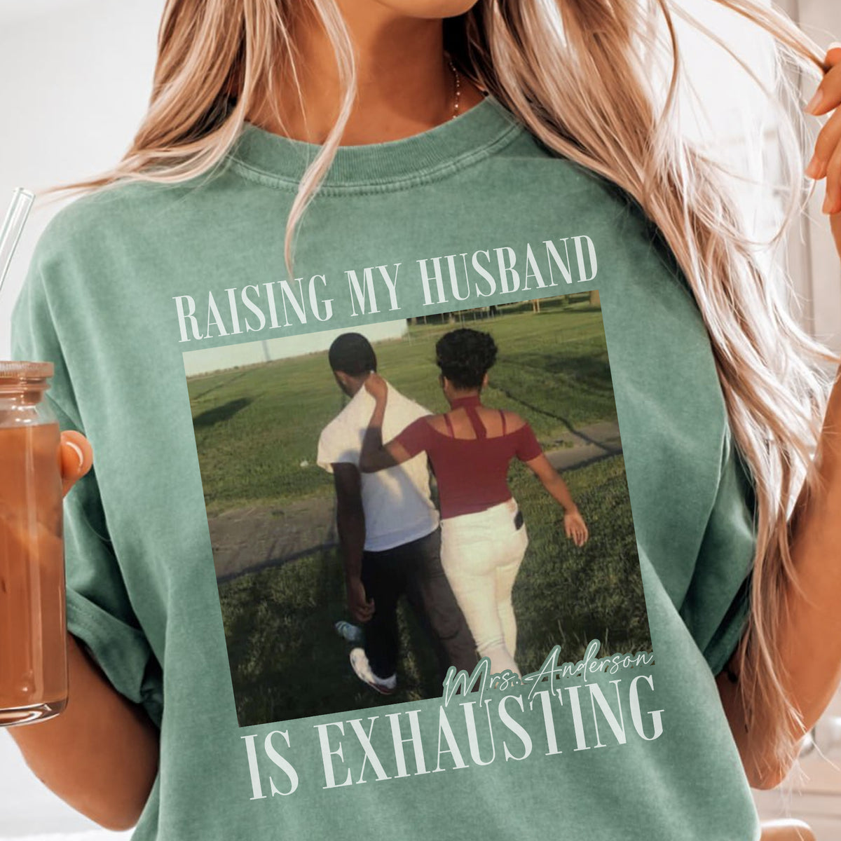 Raising My Husband Is Exhausting Shirt, Custom Photo and Name Tee, Funny Wedding Gift for Wife or Mom