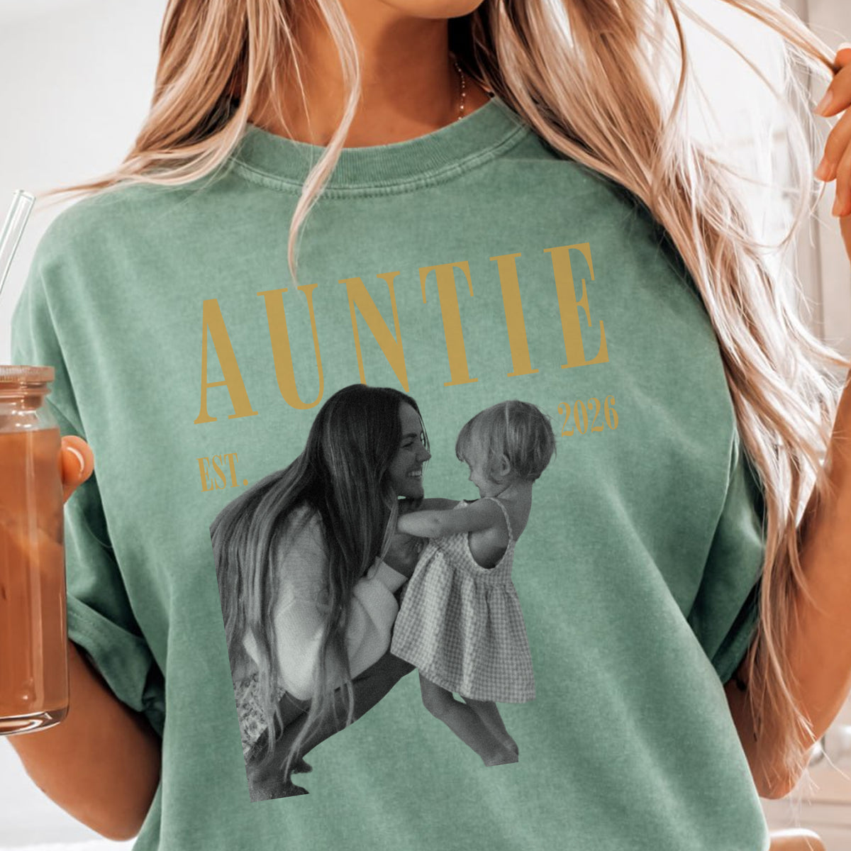 Custom Auntie Photo Shirt, Personalized Name and Est Year Tee, Vintage Gift for New Aunt or Auntie
