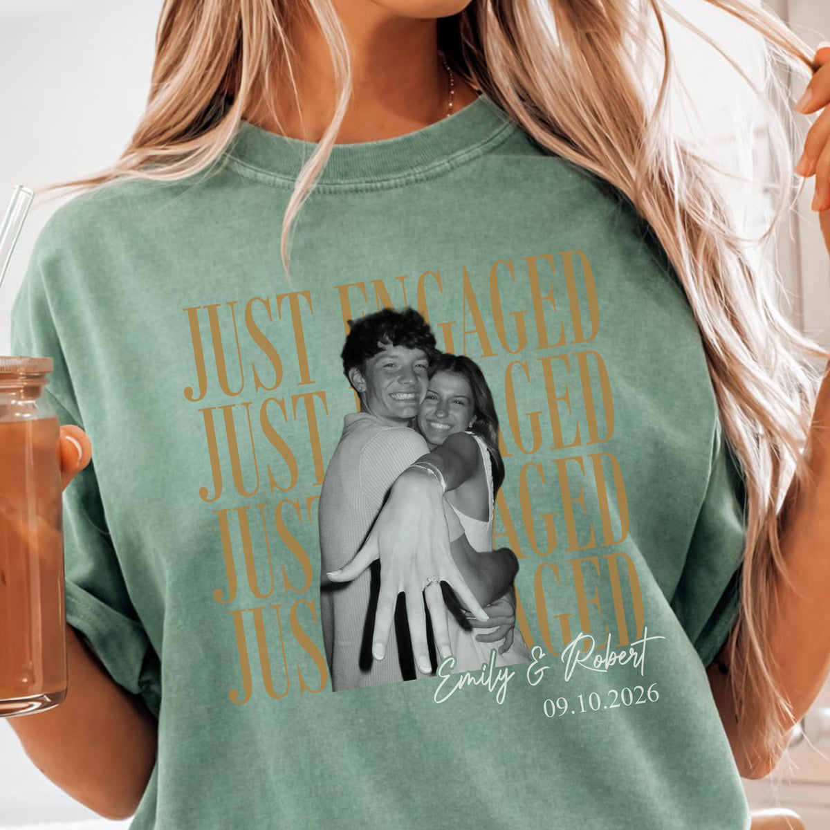 Just Engaged Custom Photo Shirt, Personalized Couple Names and Date Tee, Engagement Party Gift for Her