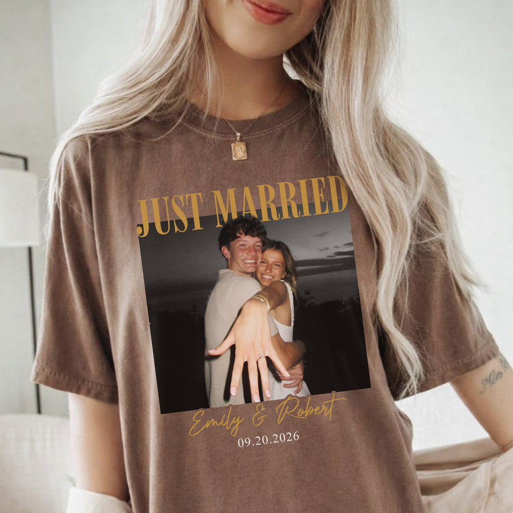 Just Married Photo Shirt, Personalized Couple Names and Wedding Date Tee, Newlywed Gift for Bride