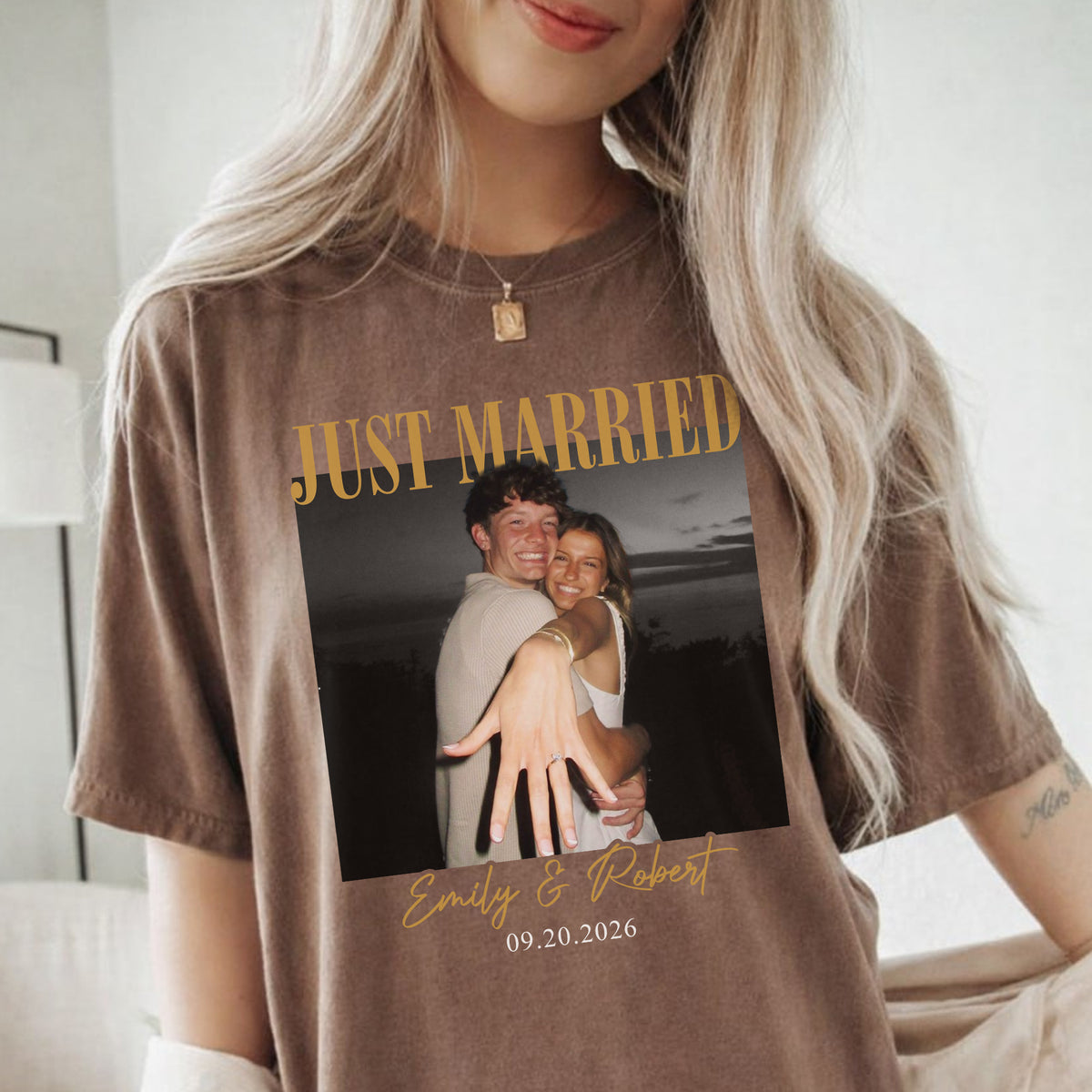 Just Married Photo Shirt, Personalized Couple Names and Wedding Date Tee, Newlywed Gift for Bride