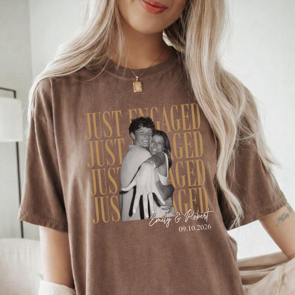 Just Engaged Custom Photo Shirt, Personalized Couple Names and Date Tee, Engagement Party Gift for Her