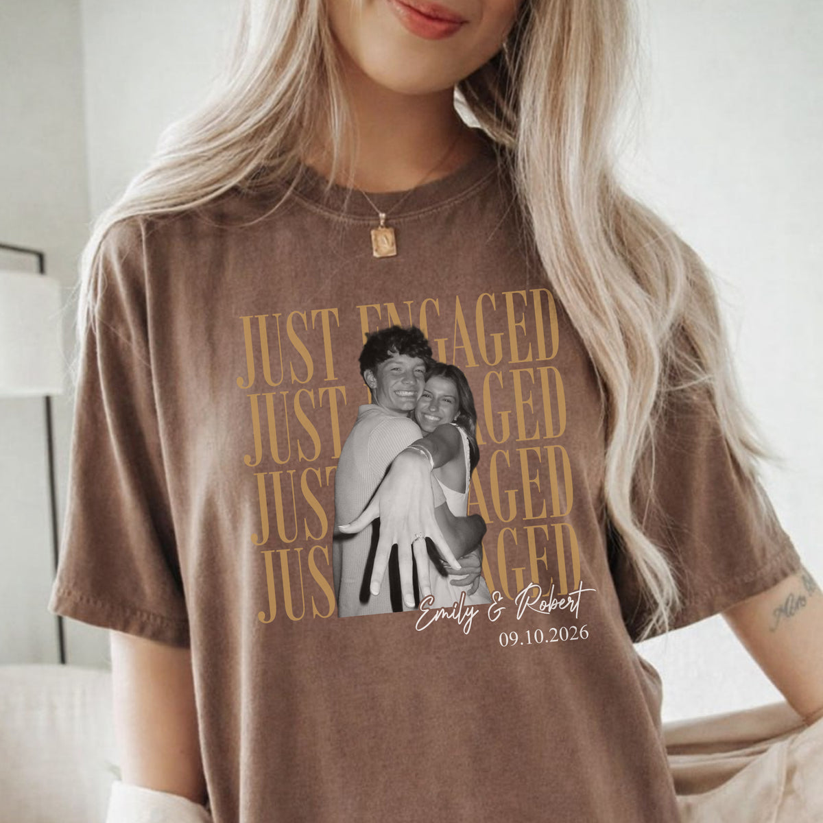 Just Engaged Custom Photo Shirt, Personalized Couple Names and Date Tee, Engagement Party Gift for Her