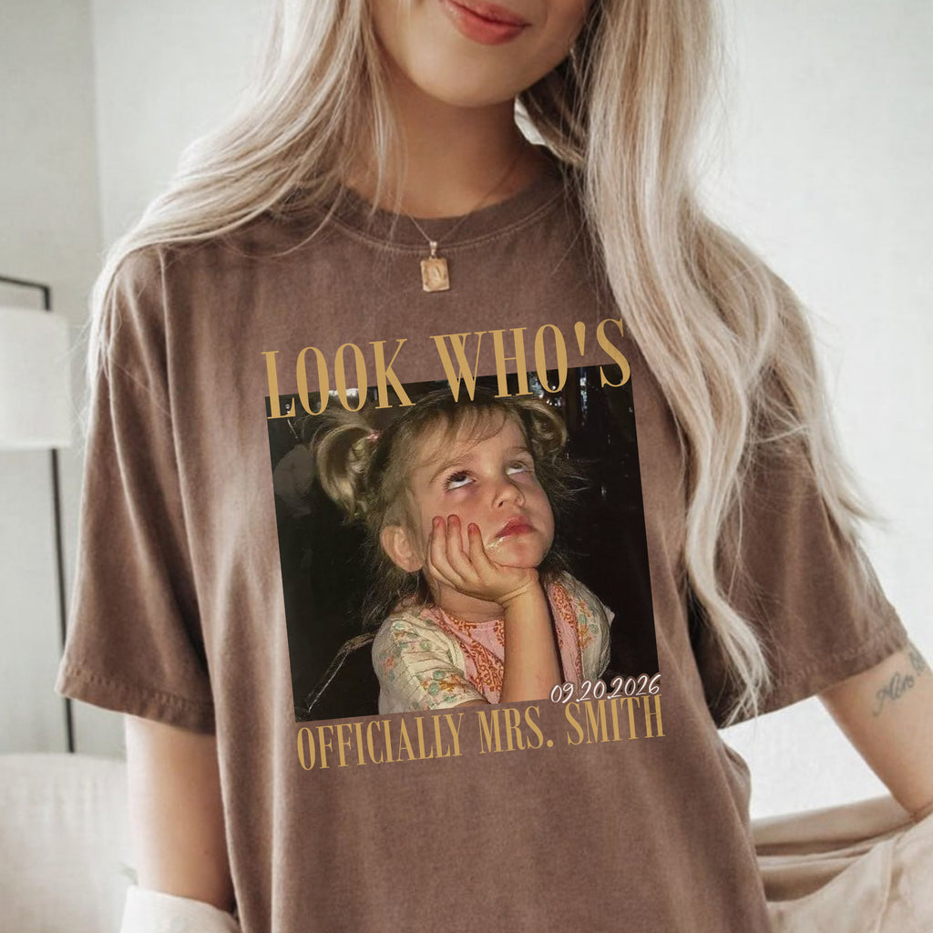 Look Who's Officially Mrs Shirt, Personalized Bride Photo and Wedding Date Tee, Custom Bridal Gift