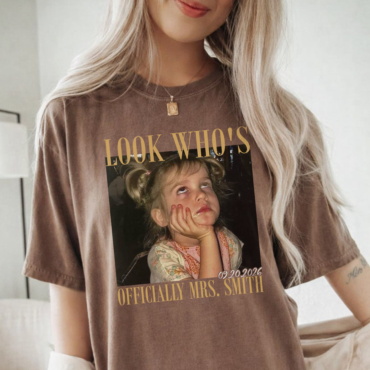 Look Who's Officially Mrs Shirt, Personalized Bride Photo and Wedding Date Tee, Custom Bridal Gift