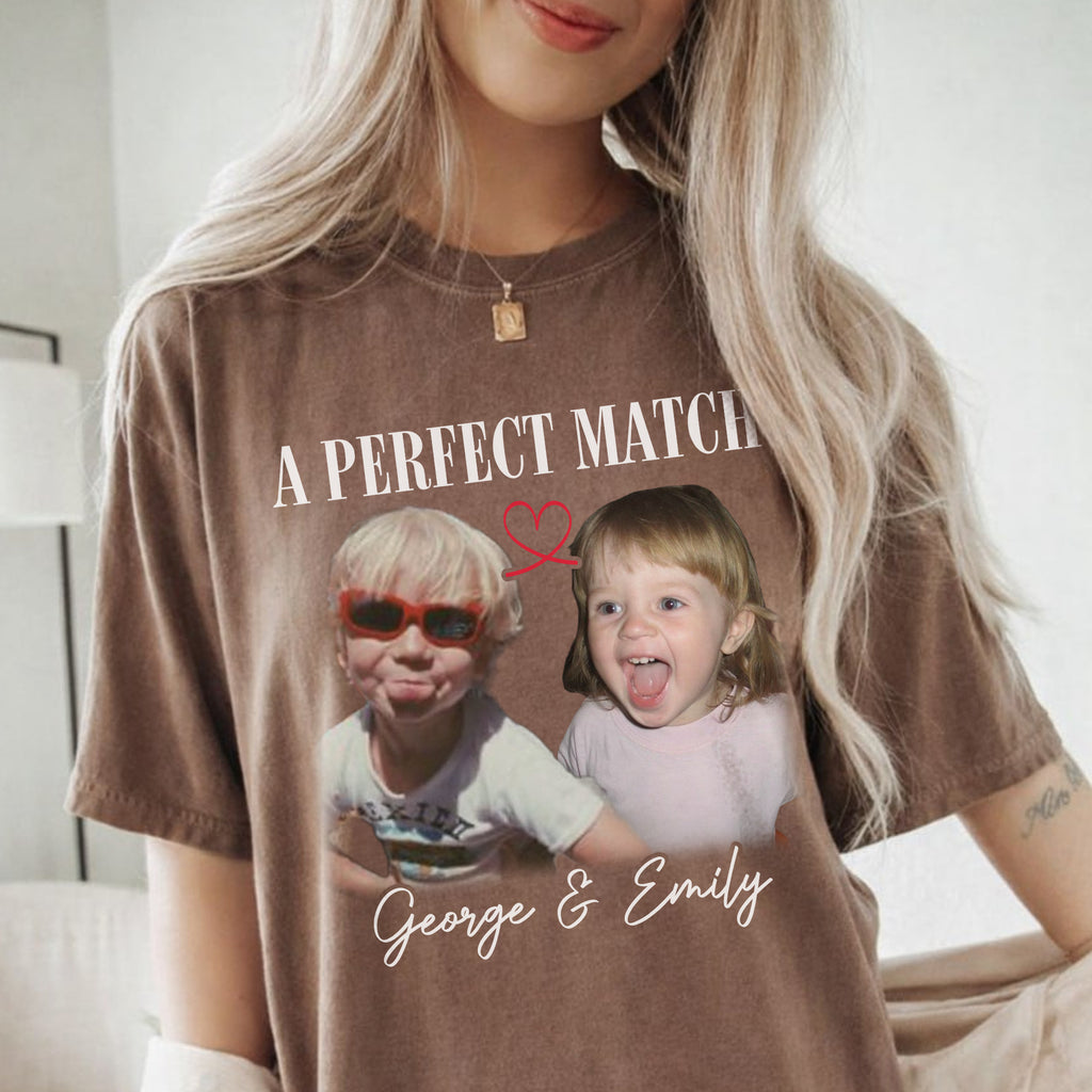 A Perfect Match Custom Photo Shirt, Personalized Couple Names, Childhood Engagement Gift
