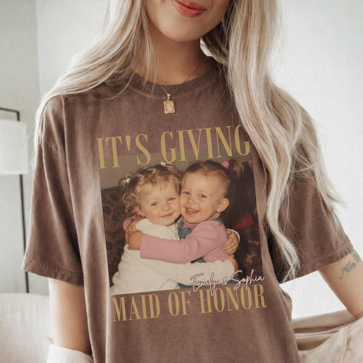 It's Giving Maid of Honor Shirt, Custom Childhood Photo and Names, Bridesmaid Gift for Wedding Party