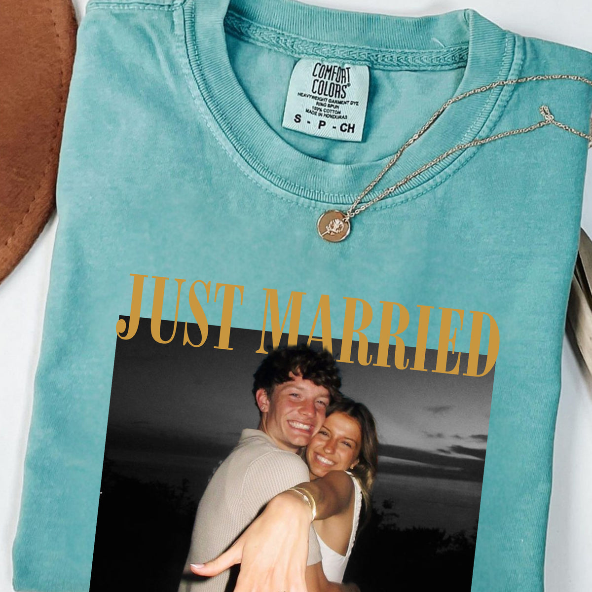 Just Married Photo Shirt, Personalized Couple Names and Wedding Date Tee, Newlywed Gift for Bride