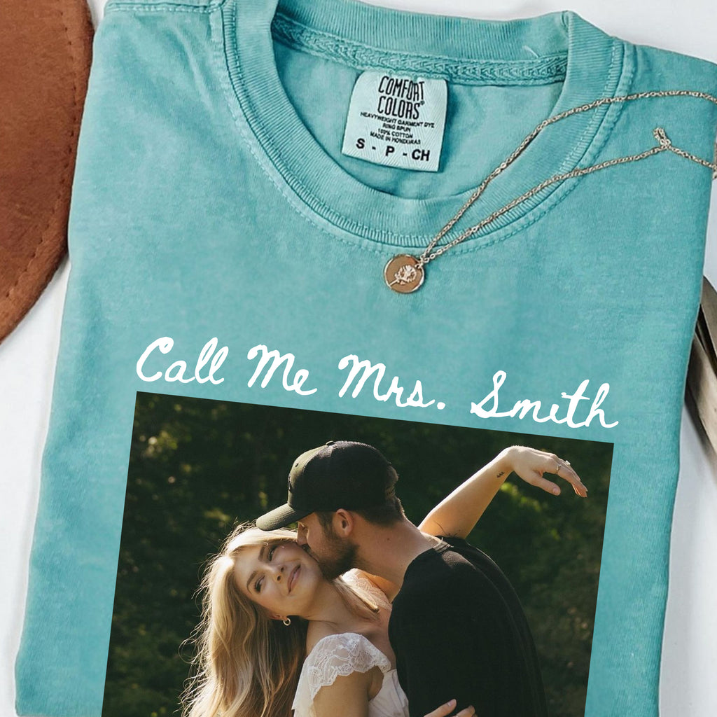 Personalized Call Me Mrs Shirt, Custom Couple Photo and Wedding Date, Bridal Shower Gift for Bride