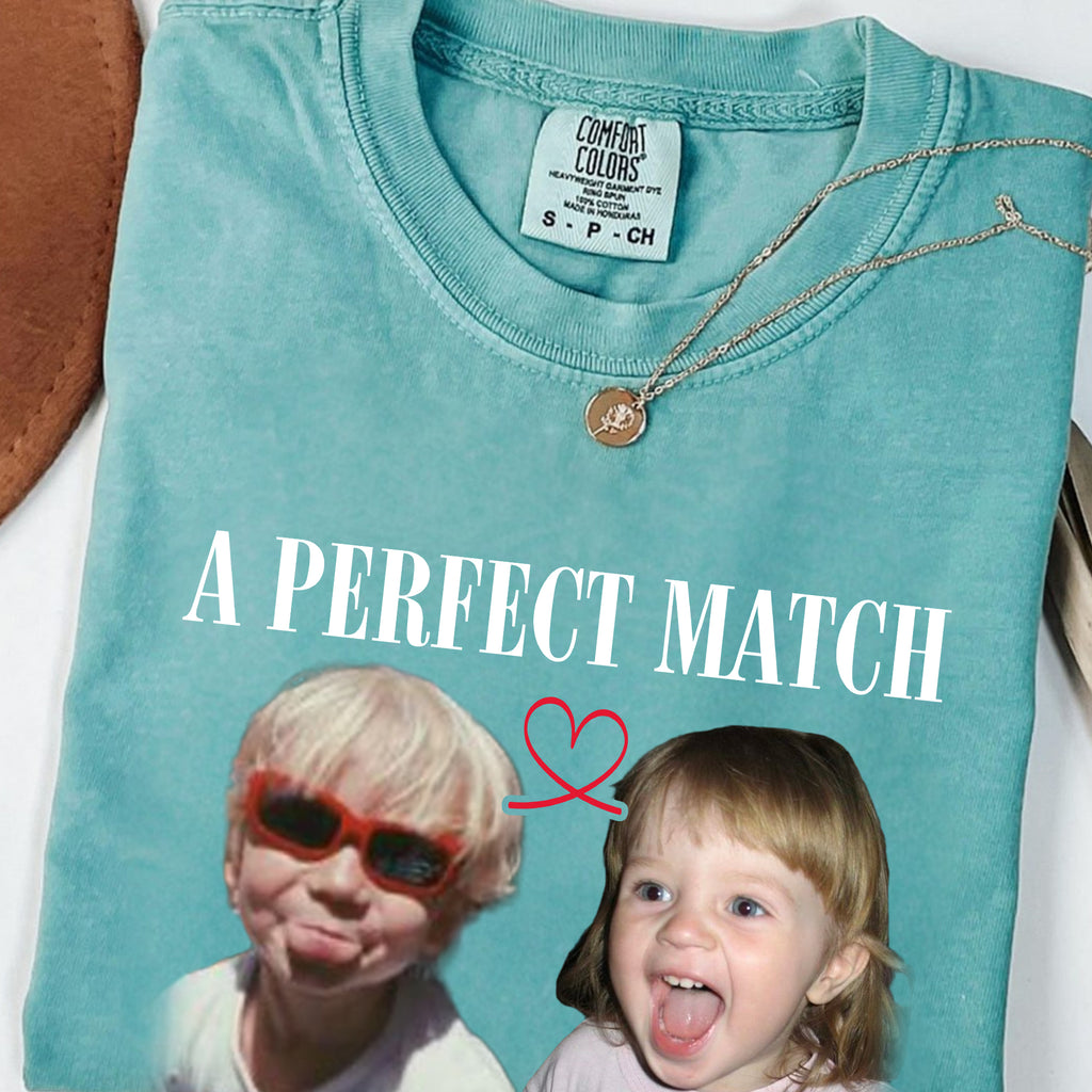 A Perfect Match Custom Photo Shirt, Personalized Couple Names, Childhood Engagement Gift
