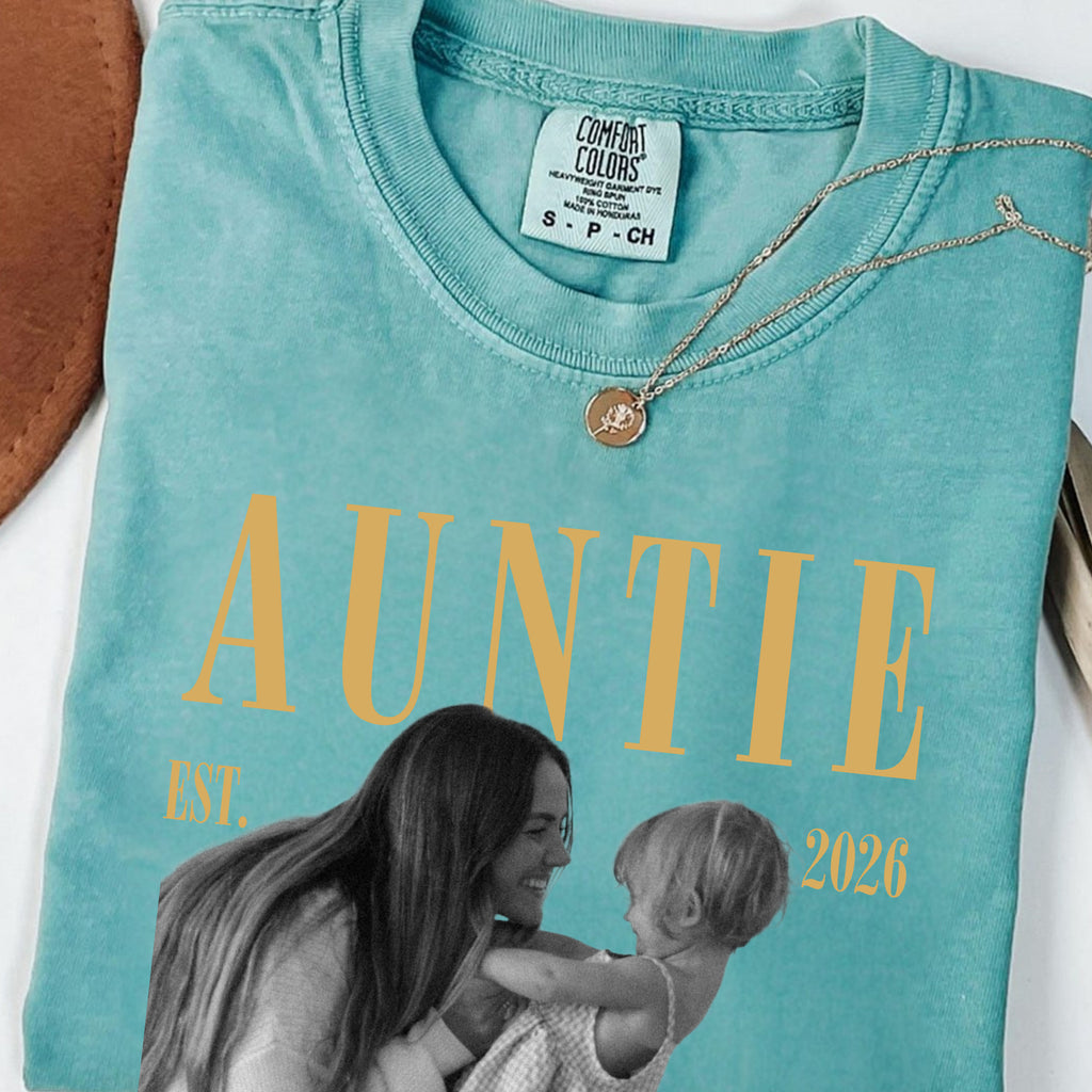 Custom Auntie Photo Shirt, Personalized Name and Est Year Tee, Vintage Gift for New Aunt or Auntie