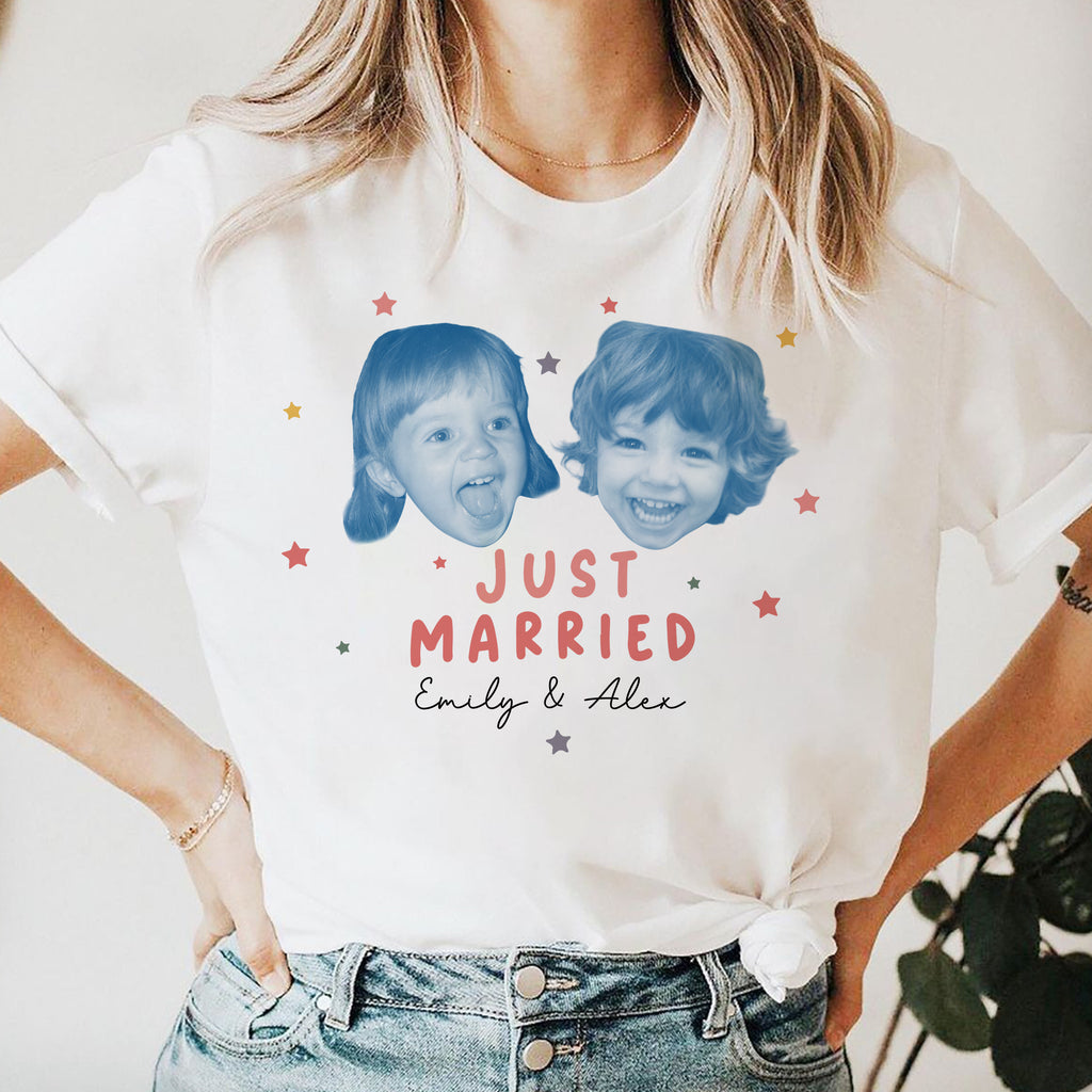 Just Married Custom Face Shirt Personalized Photo Tee Wedding Day Gift Newlywed Shirt
