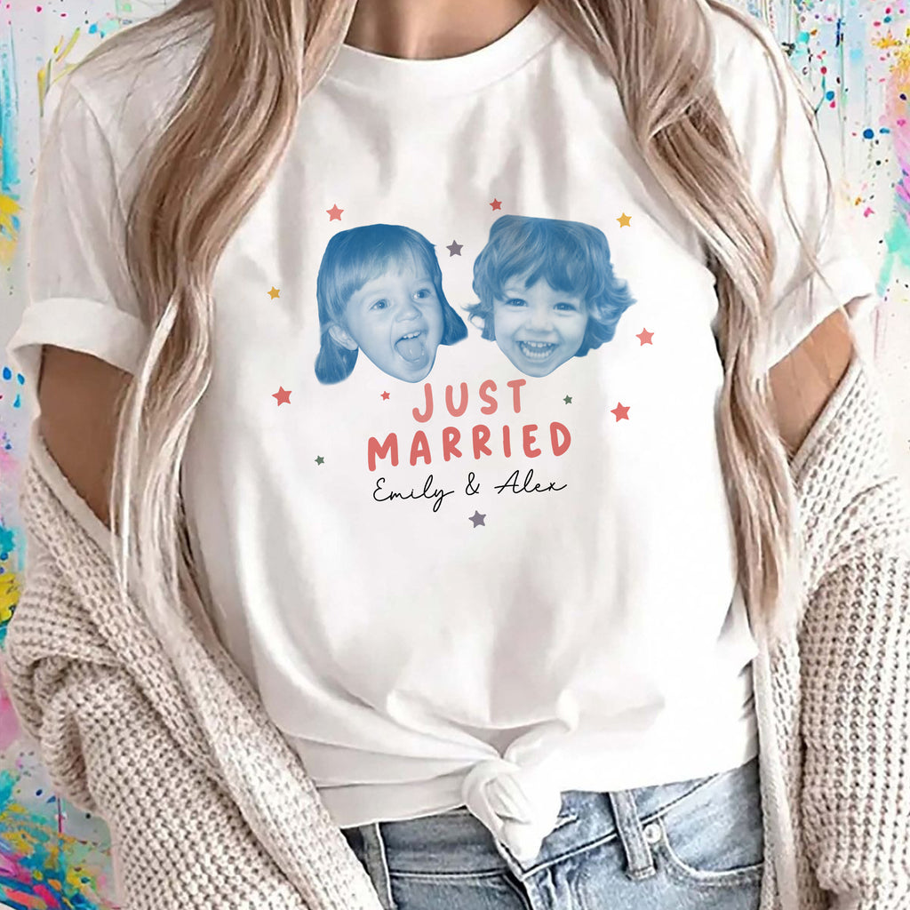 Just Married Custom Face Shirt Personalized Photo Tee Wedding Day Gift Newlywed Shirt