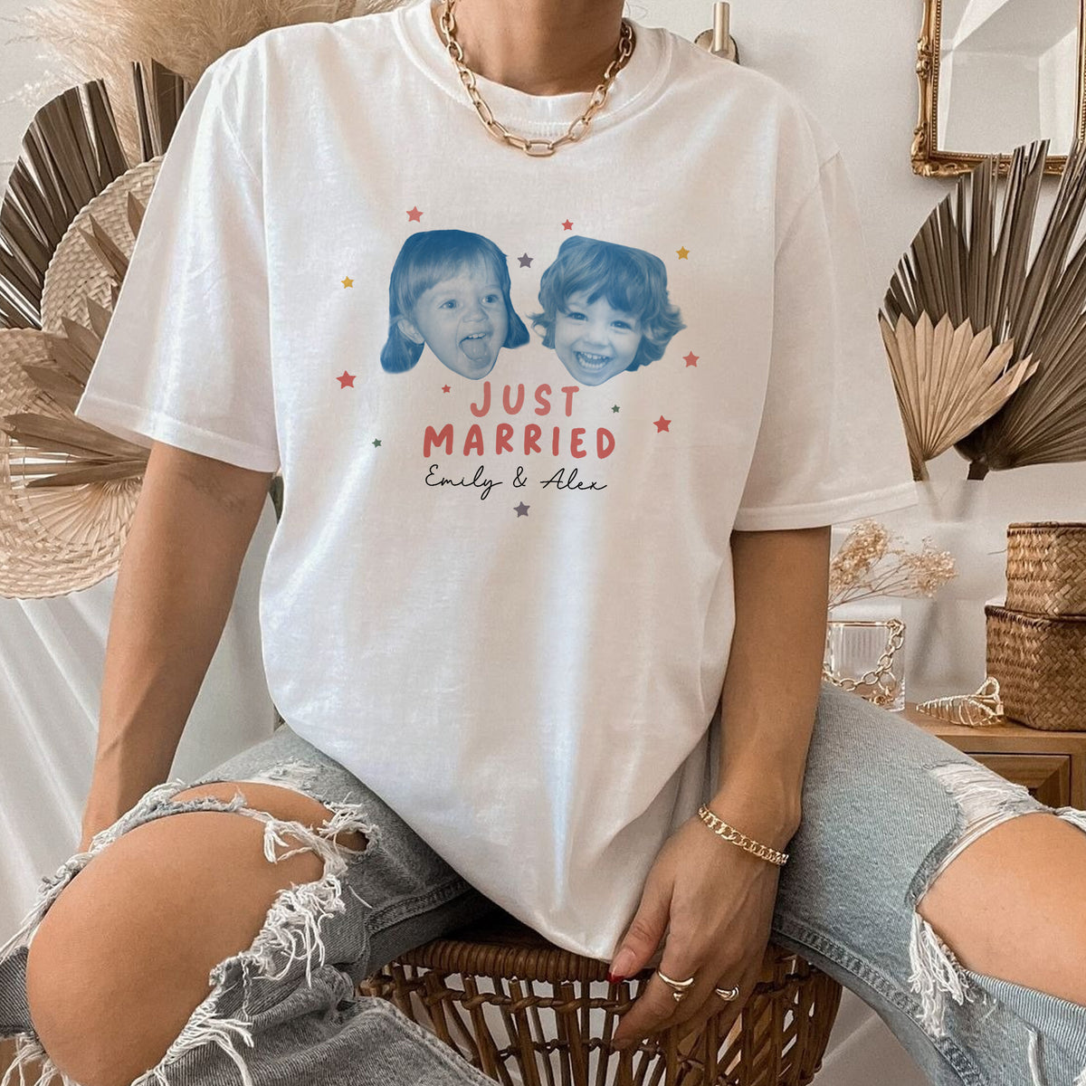 Just Married Custom Face Shirt Personalized Photo Tee Wedding Day Gift Newlywed Shirt