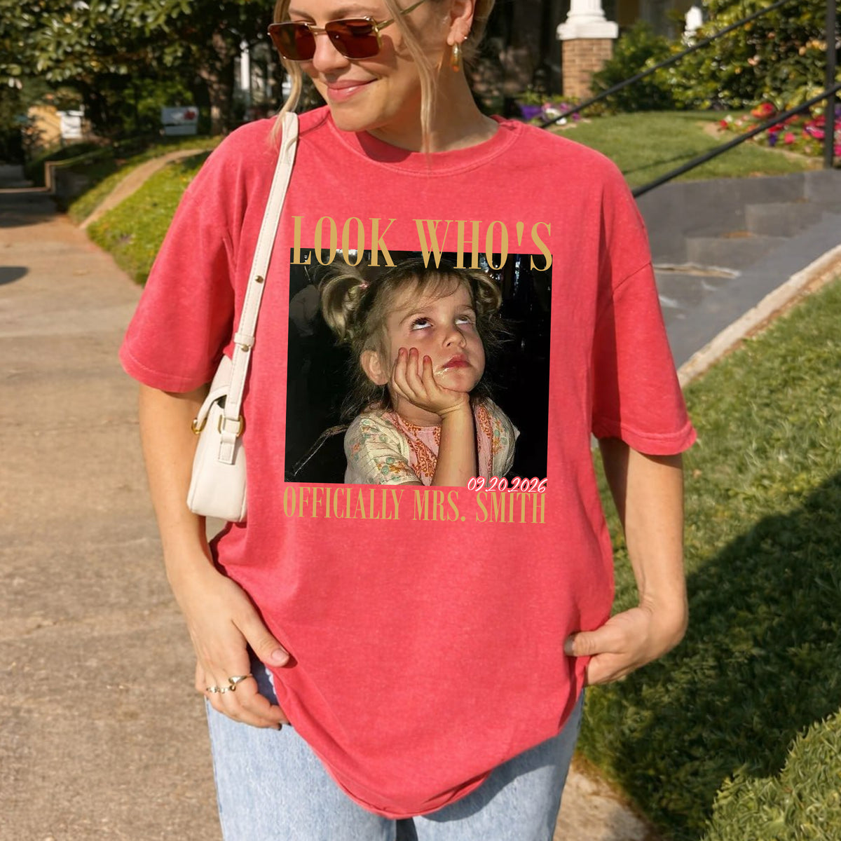 Look Who's Officially Mrs Shirt, Personalized Bride Photo and Wedding Date Tee, Custom Bridal Gift