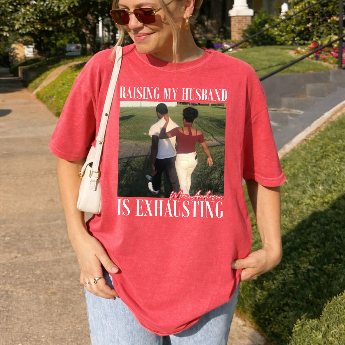 Raising My Husband Is Exhausting Shirt, Custom Photo and Name Tee, Funny Wedding Gift for Wife or Mom