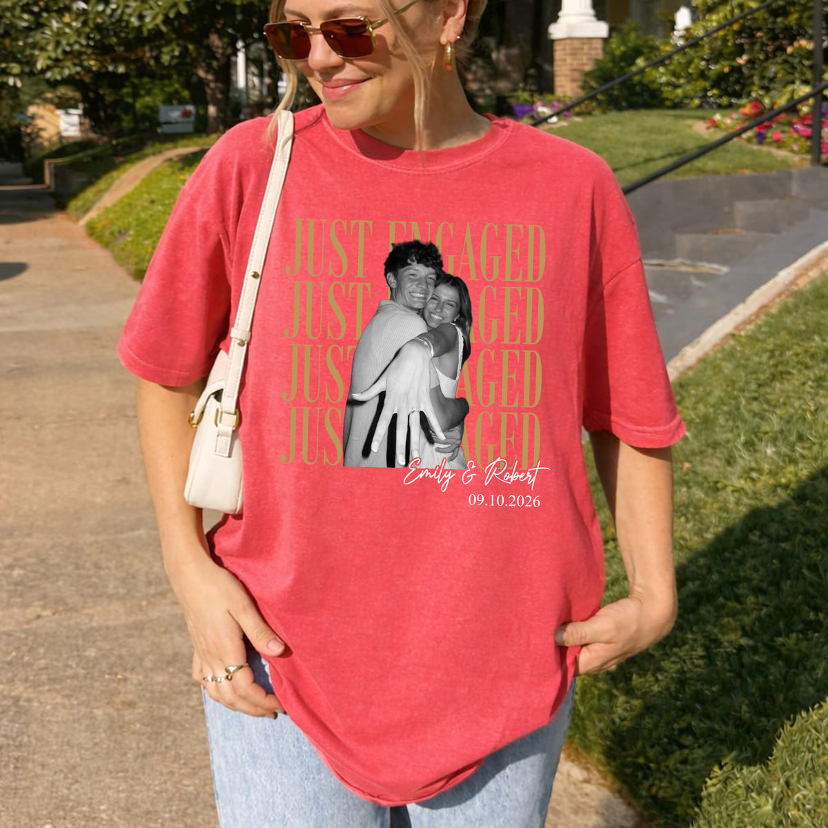 Just Engaged Custom Photo Shirt, Personalized Couple Names and Date Tee, Engagement Party Gift for Her