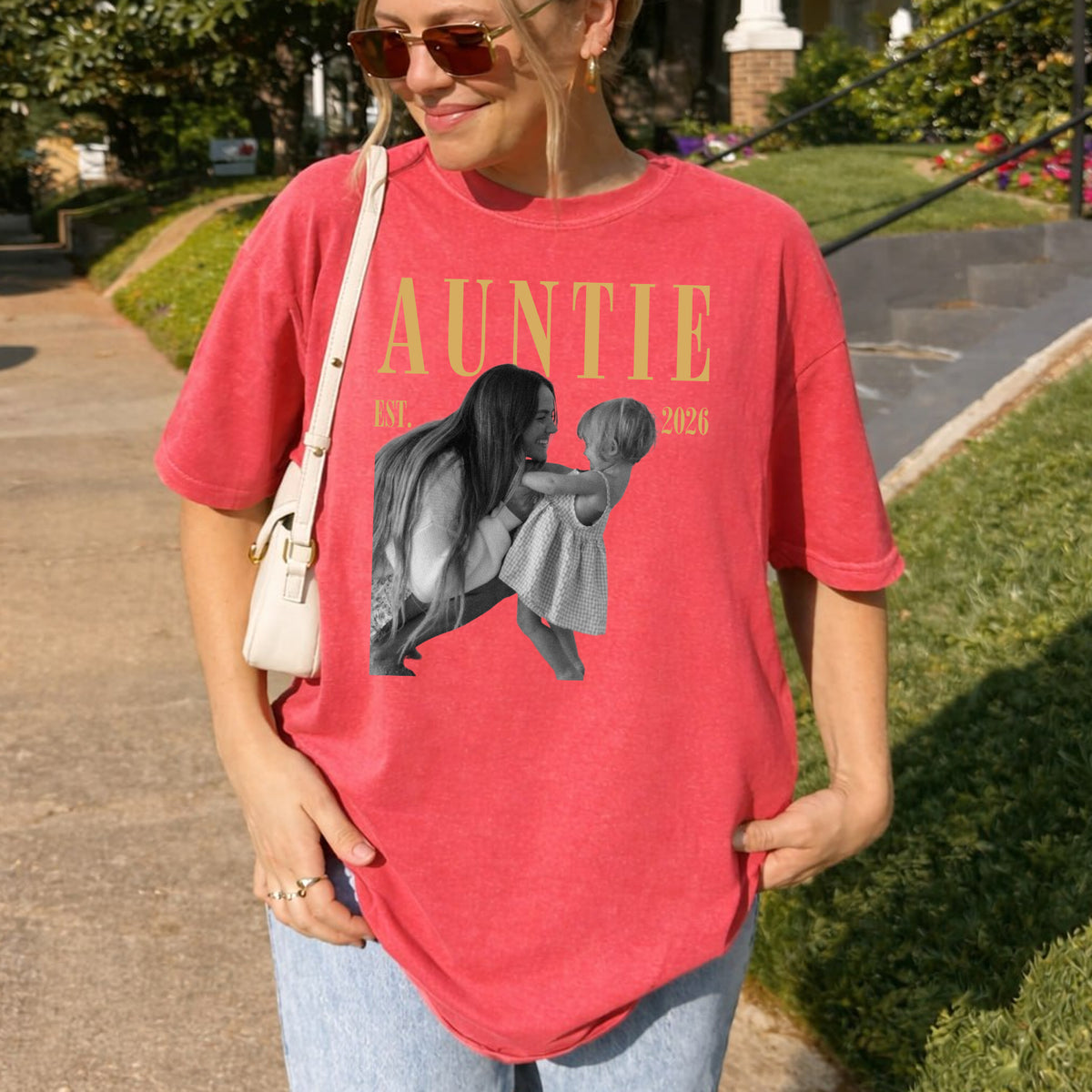 Custom Auntie Photo Shirt, Personalized Name and Est Year Tee, Vintage Gift for New Aunt or Auntie