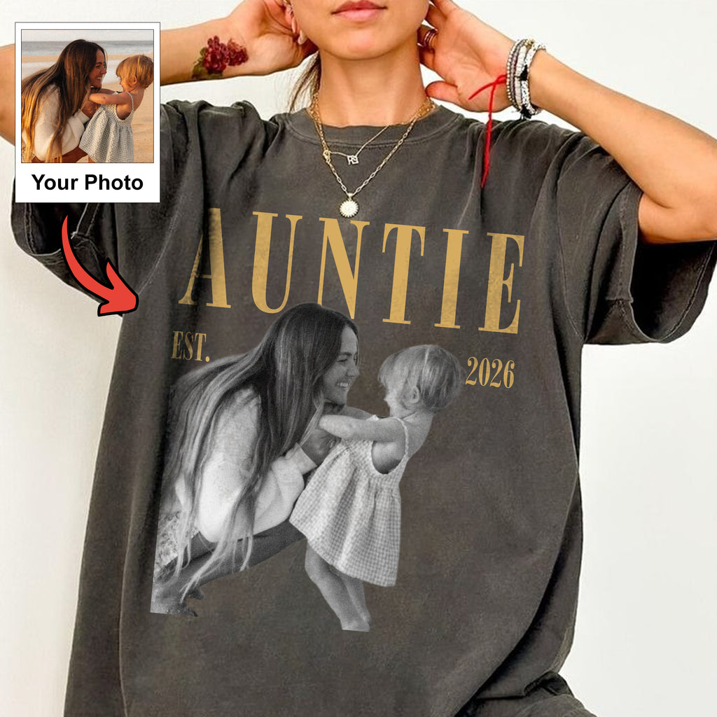 Custom Auntie Photo Shirt, Personalized Name and Est Year Tee, Vintage Gift for New Aunt or Auntie