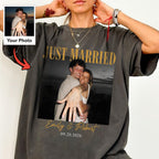 Just Married Photo Shirt, Personalized Couple Names and Wedding Date Tee, Newlywed Gift for Bride