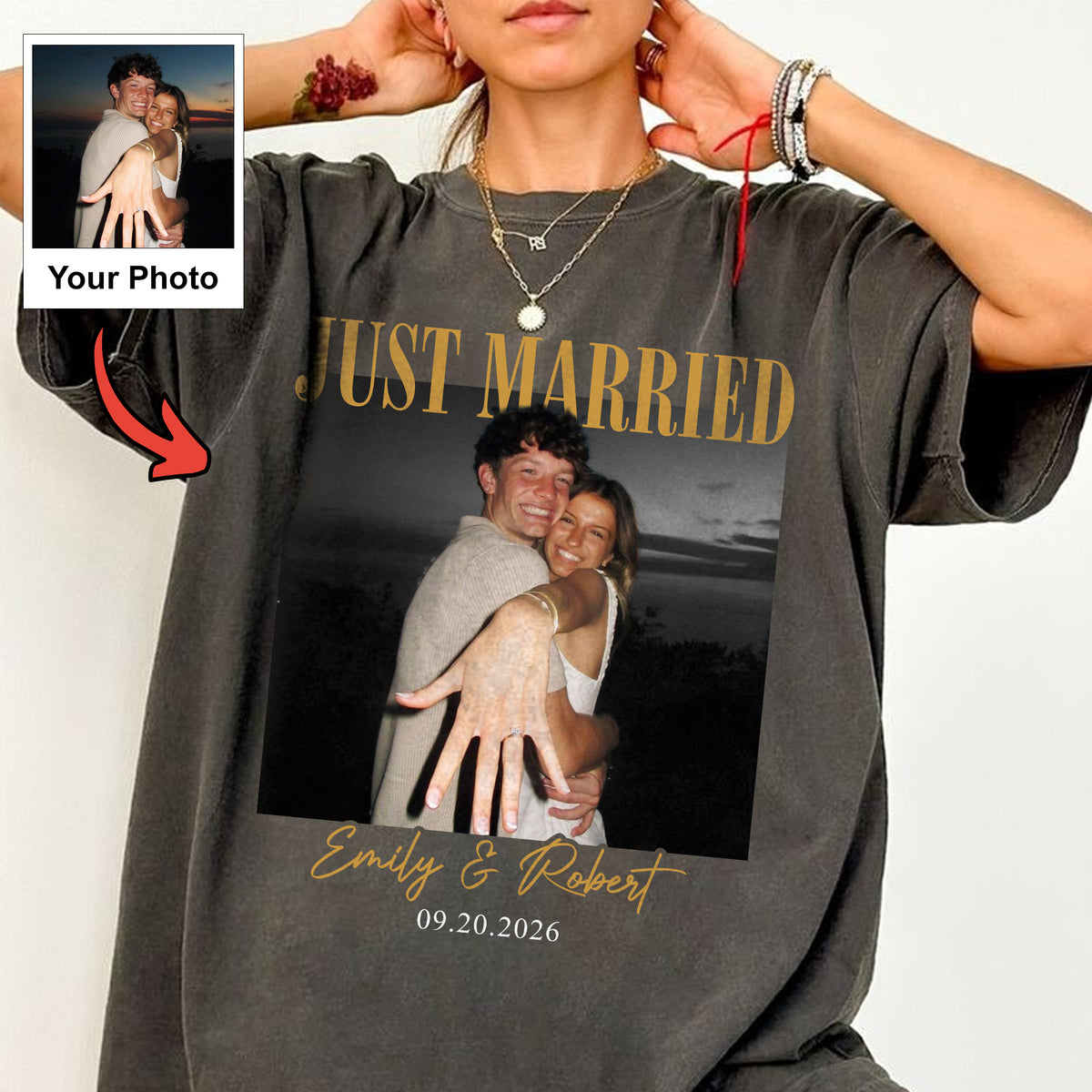 Just Married Photo Shirt, Personalized Couple Names and Wedding Date Tee, Newlywed Gift for Bride