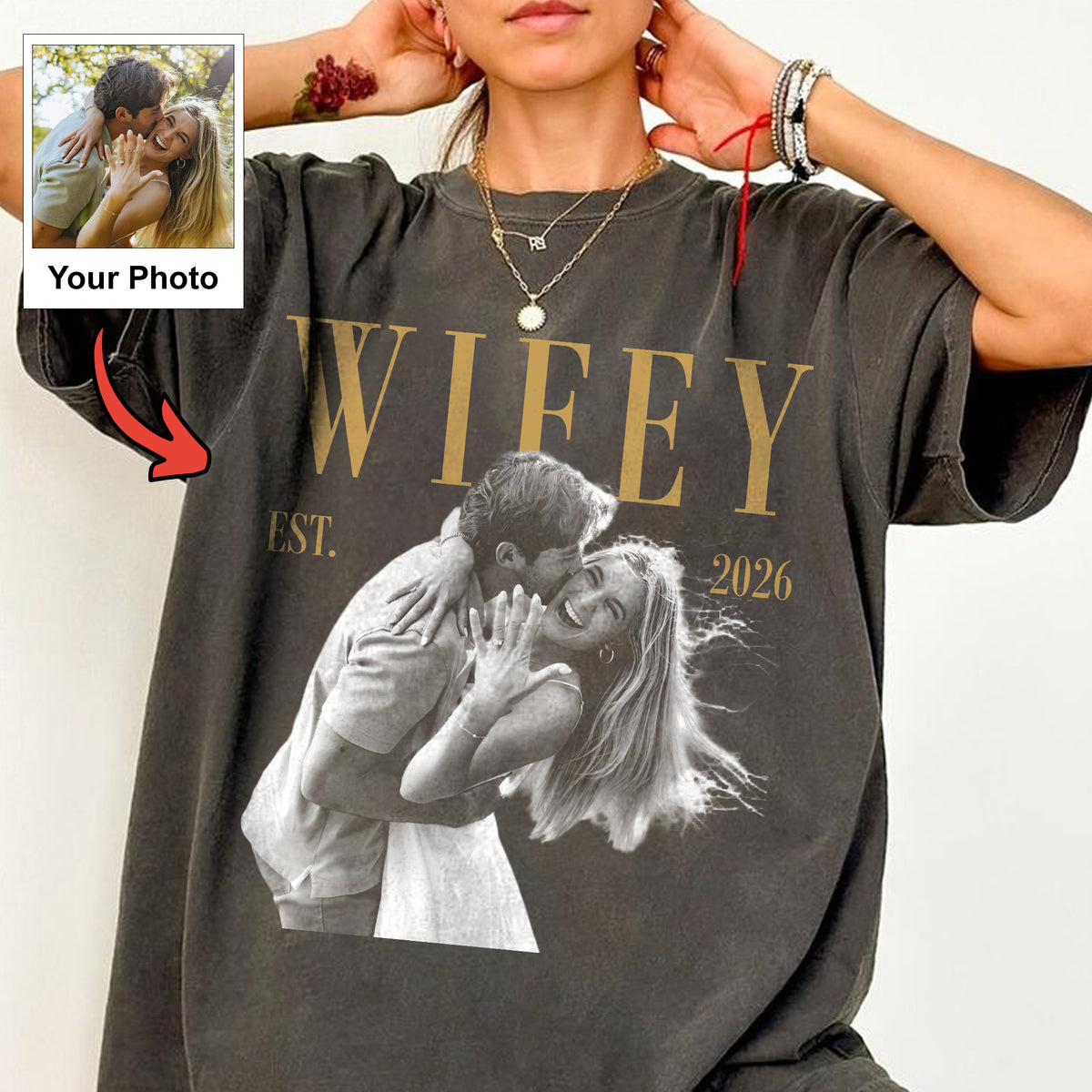 Custom Wifey Photo Shirt, Personalized Bride Est Year Tee, Engagement and Bridal Shower Gift for Her