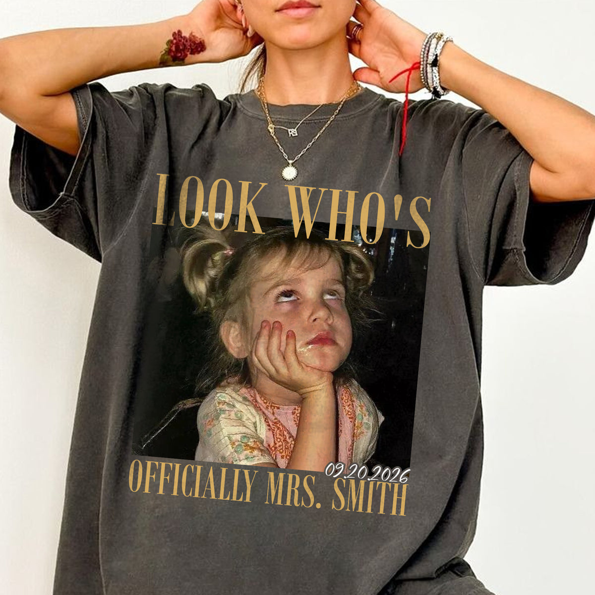 Look Who's Officially Mrs Shirt, Personalized Bride Photo and Wedding Date Tee, Custom Bridal Gift