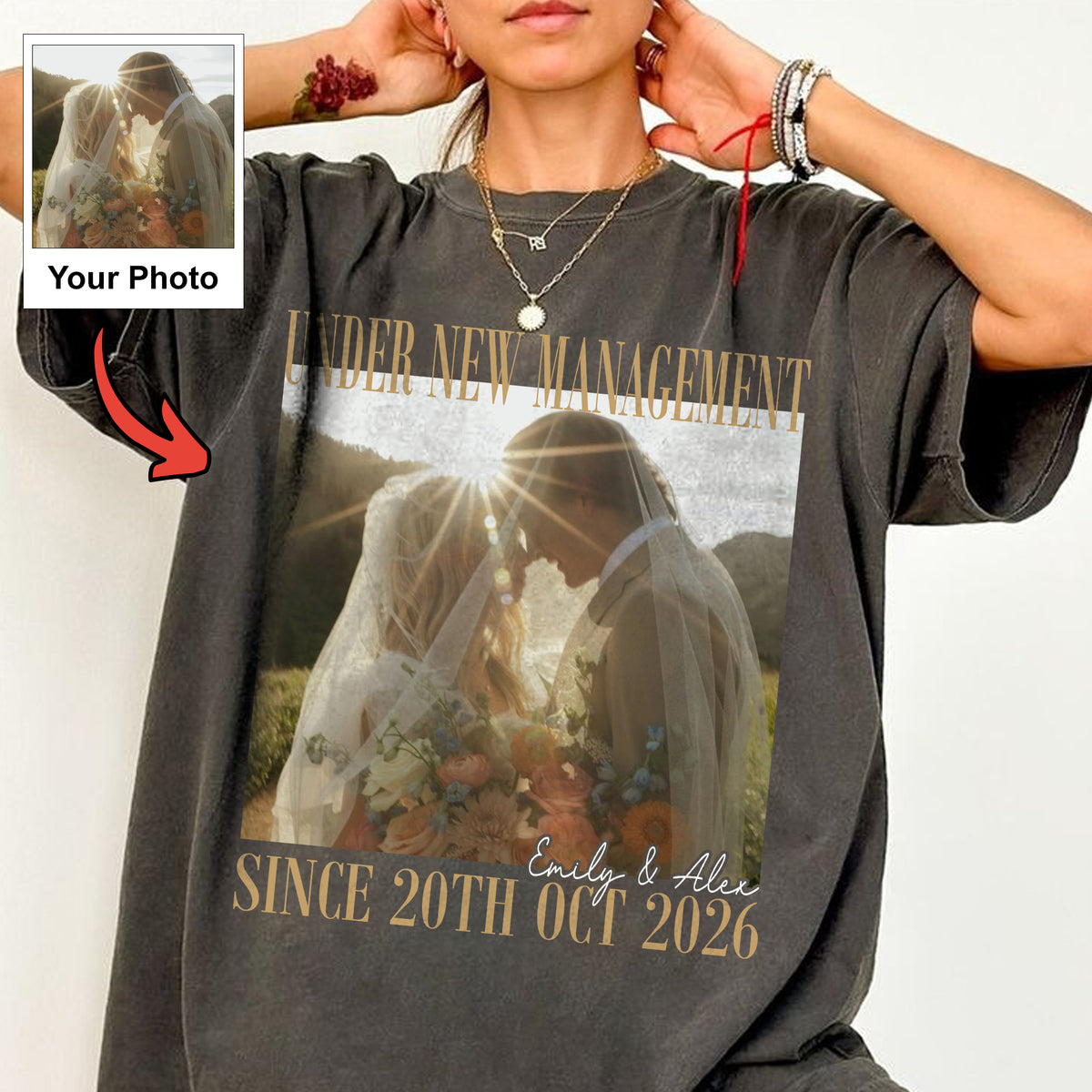 Under New Management Photo Shirt, Personalized Couple Names and Wedding Date, Funny Newlywed Gift