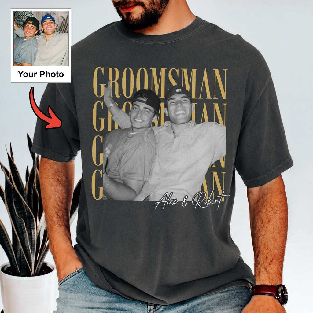 Custom Groomsman Photo Shirt, Personalized Name Tee, Bachelor Party Gift for Best Man and Wedding Crew