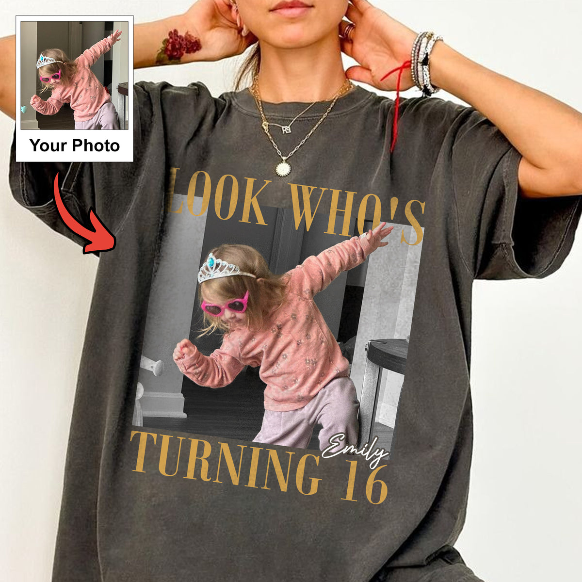 Look Who's Turning 16 Custom Photo Shirt, Personalized Childhood Picture and Name, Sweet Sixteen Birthday