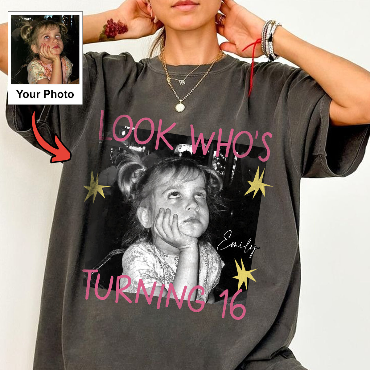 Look Who's Turning 16 Custom Photo Shirt, Personalized Childhood Picture and Name, Sweet Sixteen Gift